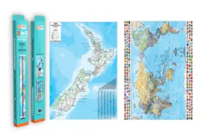 New Zealand + World and Flags - each 1000 x 700mm (Hema 2 in 1 Laminated Wall Maps Twin Pack)