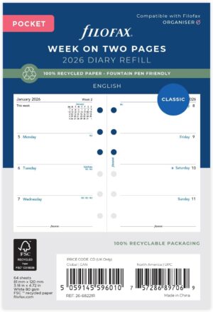 Filofax Refill Classic Recycled Week to View Diary Pocket 2026