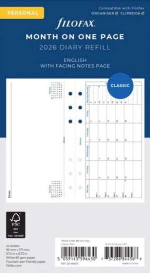 Filofax Refill Classic Month to a Page with Notes Personal 2026