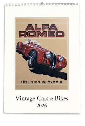 Vintage Cars and Bikes 2026 Large Art Wall Calendar