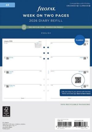 Filofax Refill Classic Recycled Week to View Diary A5 2026